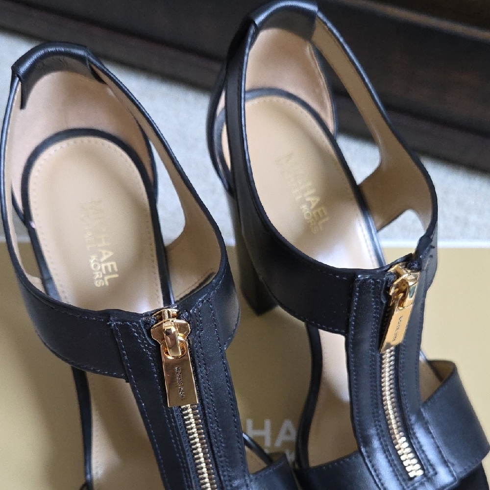 MICHAEL Michael Kors Black Leather Gold-Zip T-Strap Platform Heels - Picture 7 of 7